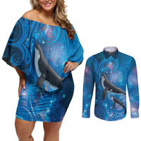 Paikea New Zealand Matariki Couples Matching Off Shoulder Short Dress and Long Sleeve Button Shirt Humpback Whale Taniko Motifs Ocean Vibes LT14 Blue - Polynesian Pride