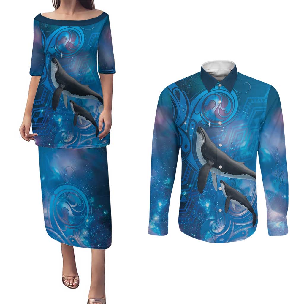 Paikea New Zealand Matariki Couples Matching Puletasi and Long Sleeve Button Shirt Humpback Whale Taniko Motifs Ocean Vibes