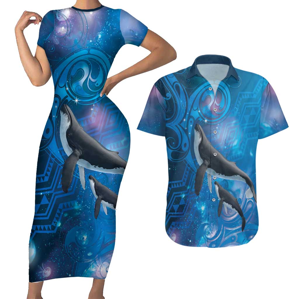 Paikea New Zealand Matariki Couples Matching Short Sleeve Bodycon Dress and Hawaiian Shirt Humpback Whale Taniko Motifs Ocean Vibes LT14 Blue - Polynesian Pride