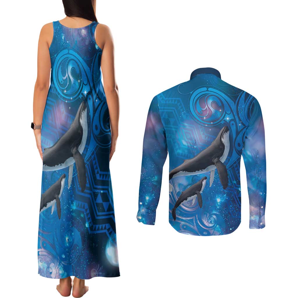 Paikea New Zealand Matariki Couples Matching Tank Maxi Dress and Long Sleeve Button Shirt Humpback Whale Taniko Motifs Ocean Vibes LT14 - Polynesian Pride