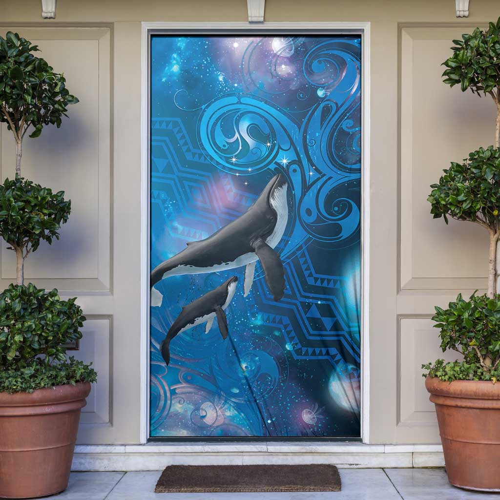 Paikea New Zealand Matariki Door Cover Humpback Whale Taniko Motifs Ocean Vibes LT14 Blue - Polynesian Pride
