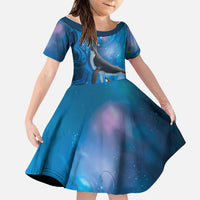 Paikea New Zealand Matariki Family Matching Off The Shoulder Long Sleeve Dress and Hawaiian Shirt Humpback Whale Taniko Motifs Ocean Vibes LT14 Daughter's Dress Blue - Polynesian Pride