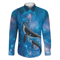 Paikea New Zealand Matariki Family Matching Off Shoulder Maxi Dress and Hawaiian Shirt Humpback Whale Taniko Motifs Ocean Vibes LT14 Dad's Shirt - Long Sleeve Blue - Polynesian Pride