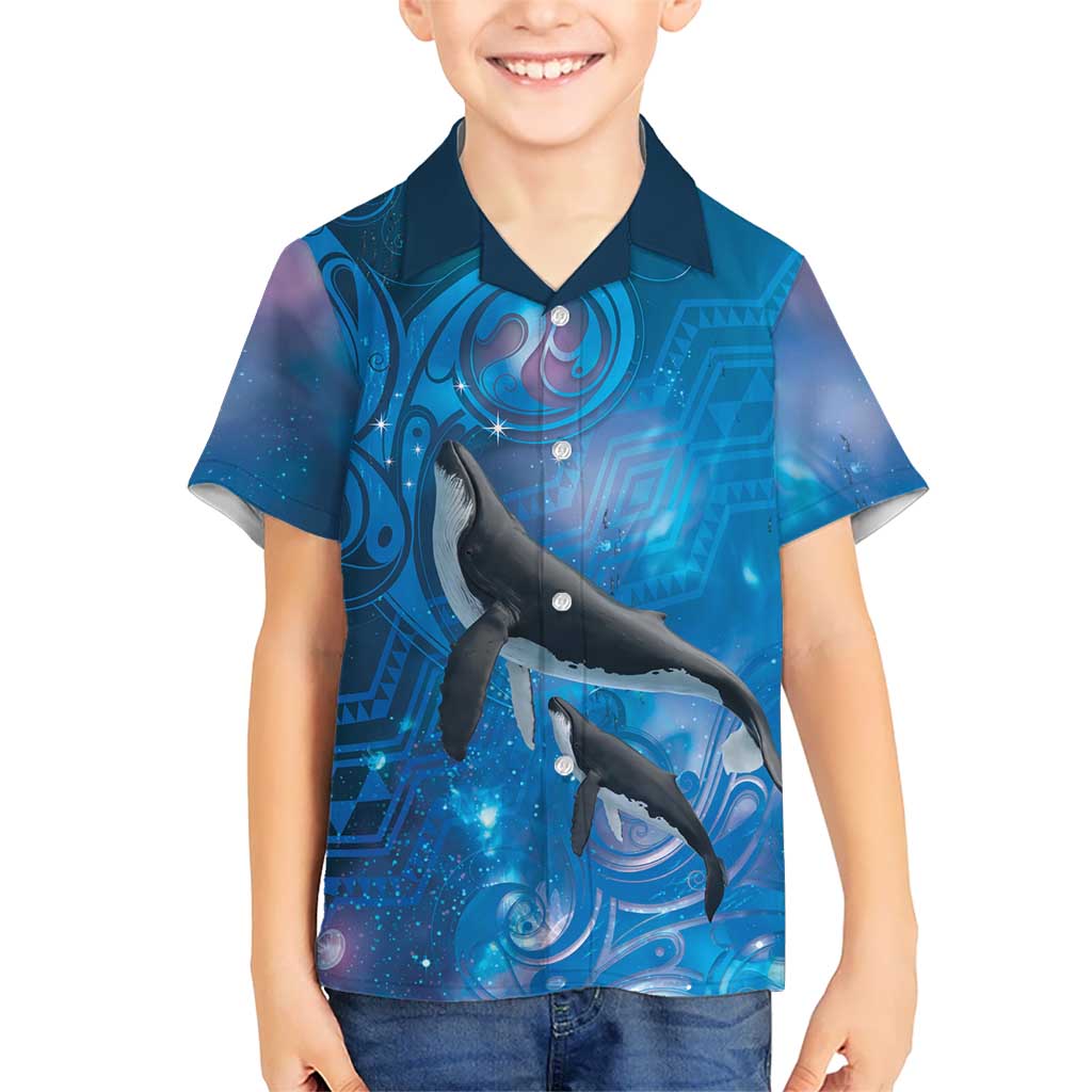 Paikea New Zealand Matariki Family Matching Puletasi and Hawaiian Shirt Humpback Whale Taniko Motifs Ocean Vibes LT14 Son's Shirt Blue - Polynesian Pride