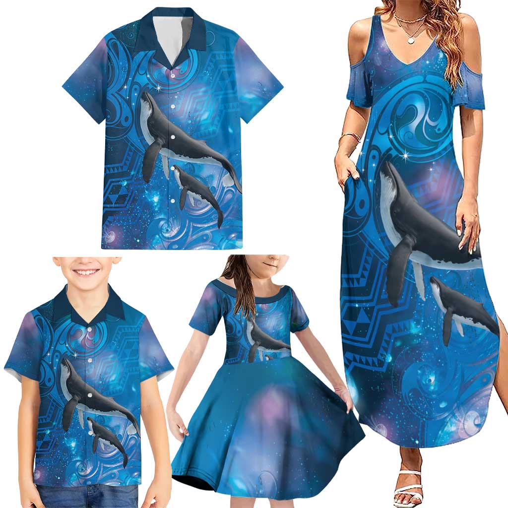 Paikea New Zealand Matariki Family Matching Summer Maxi Dress and Hawaiian Shirt Humpback Whale Taniko Motifs Ocean Vibes LT14 - Polynesian Pride