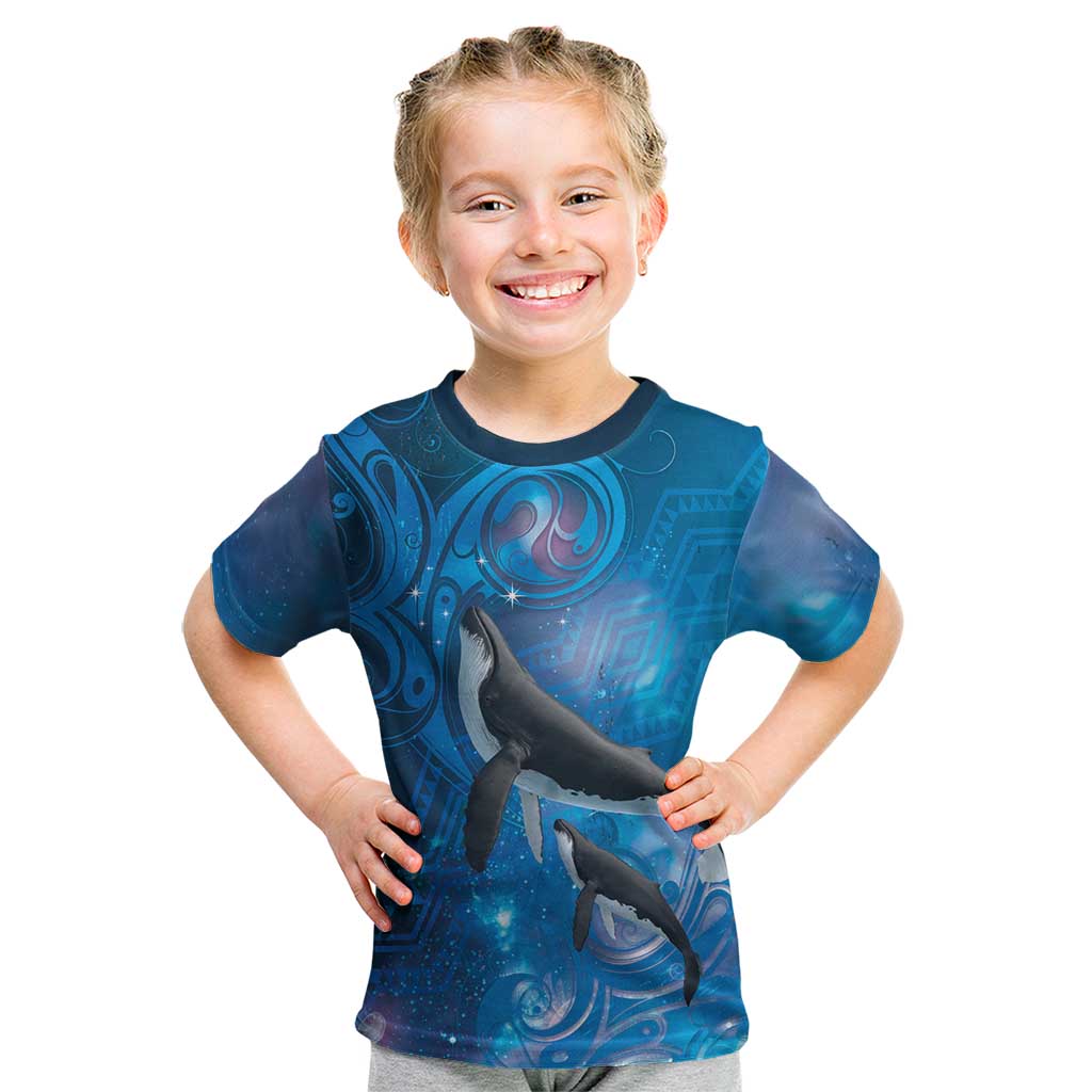 Paikea New Zealand Matariki Kid T Shirt Humpback Whale Taniko Motifs Ocean Vibes LT14 Blue - Polynesian Pride