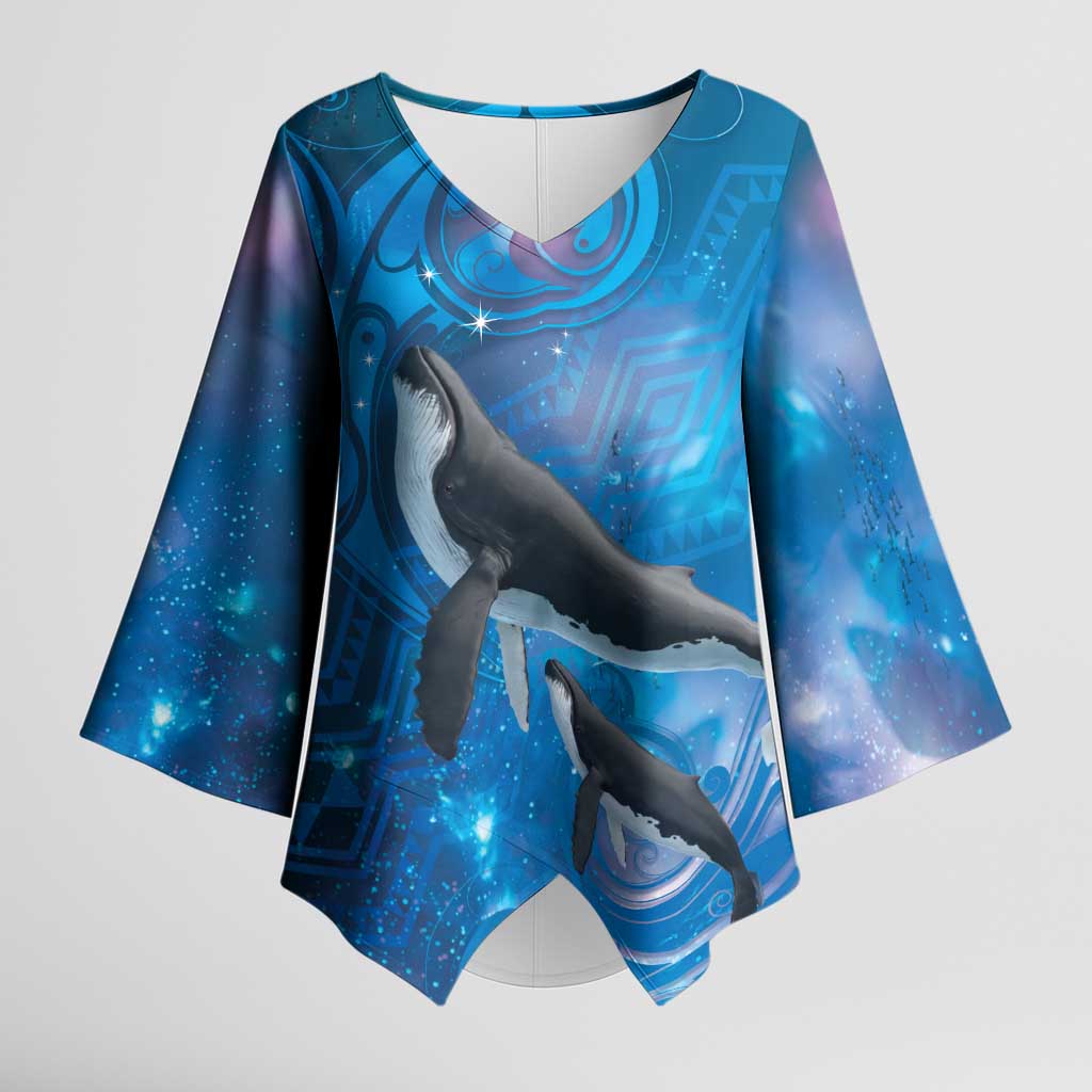 Paikea New Zealand Matariki Kimono Sleeve Blouse Humpback Whale Taniko Motifs Ocean Vibes LT14 Female Blue - Polynesian Pride