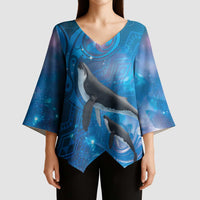 Paikea New Zealand Matariki Kimono Sleeve Blouse Humpback Whale Taniko Motifs Ocean Vibes LT14 - Polynesian Pride
