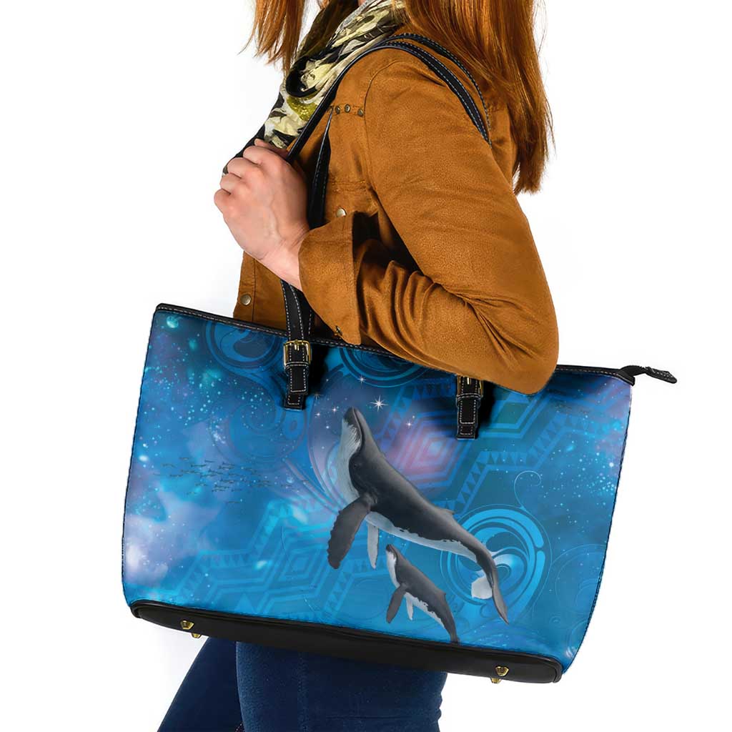 Paikea New Zealand Matariki Leather Tote Bag Humpback Whale Taniko Motifs Ocean Vibes LT14 Blue - Polynesian Pride