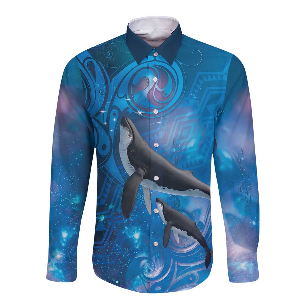 Paikea New Zealand Matariki Long Sleeve Button Shirt Humpback Whale Taniko Motifs Ocean Vibes LT14 Unisex Blue - Polynesian Pride