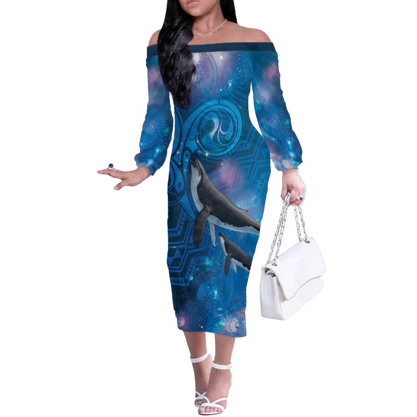 Paikea New Zealand Matariki Off The Shoulder Long Sleeve Dress Humpback Whale Taniko Motifs Ocean Vibes