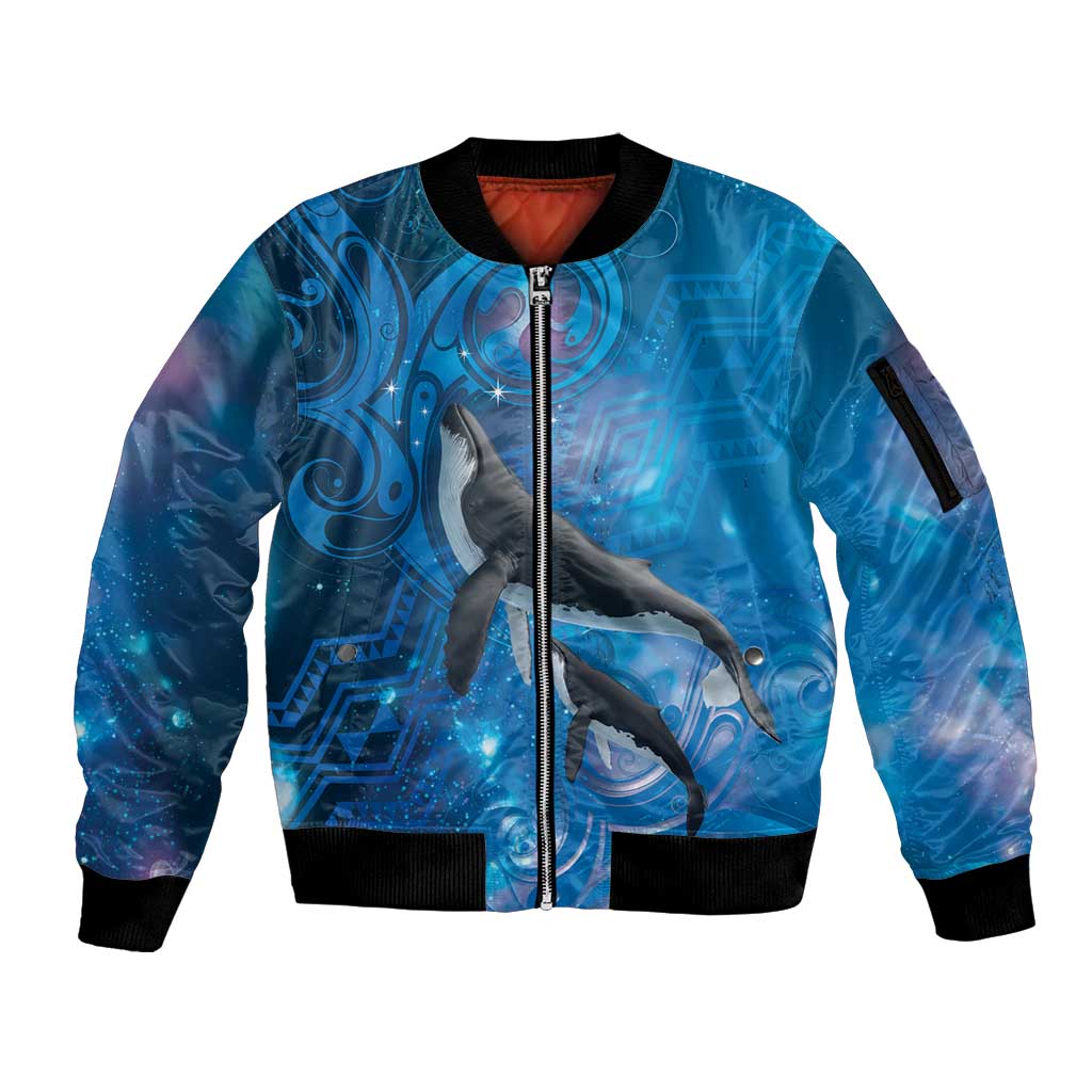 Paikea New Zealand Matariki Sleeve Zip Bomber Jacket Humpback Whale Taniko Motifs Ocean Vibes LT14 Unisex Blue - Polynesian Pride