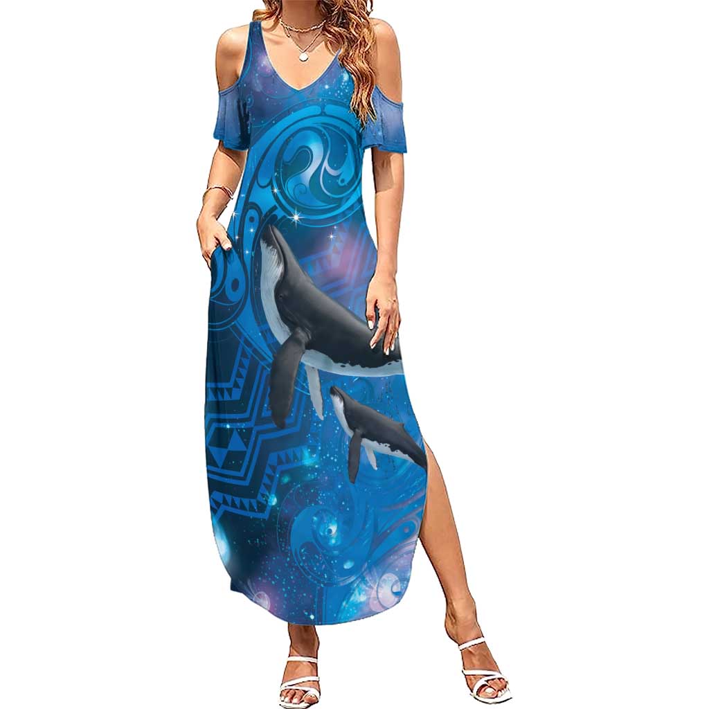 Paikea New Zealand Matariki Summer Maxi Dress Humpback Whale Taniko Motifs Ocean Vibes LT14 Women Blue - Polynesian Pride