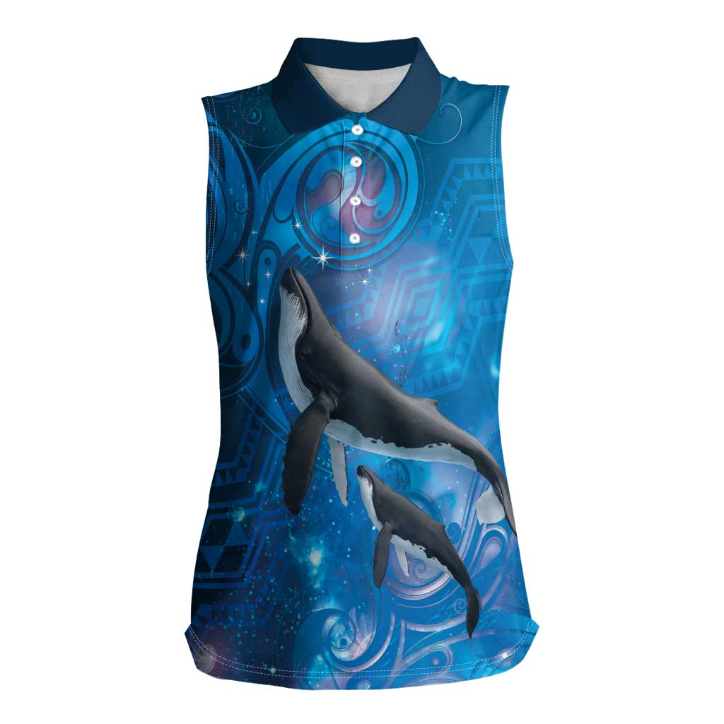 Paikea New Zealand Matariki Women Sleeveless Polo Shirt Humpback Whale Taniko Motifs Ocean Vibes