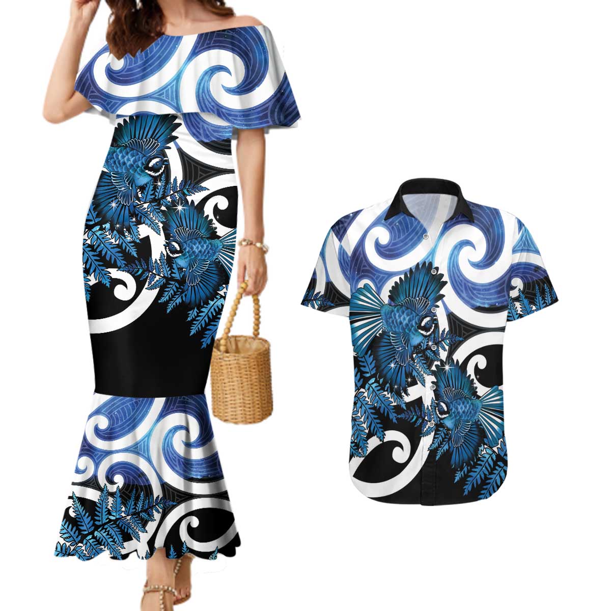 Piwakawaka New Zealand Matariki Couples Matching Mermaid Dress and Hawaiian Shirt Maori New Year Silver Fern Blue Galaxy