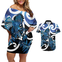 Piwakawaka New Zealand Matariki Couples Matching Off Shoulder Short Dress and Hawaiian Shirt Maori New Year Silver Fern Blue Galaxy LT14 Blue - Polynesian Pride