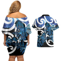 Piwakawaka New Zealand Matariki Couples Matching Off Shoulder Short Dress and Hawaiian Shirt Maori New Year Silver Fern Blue Galaxy LT14 - Polynesian Pride