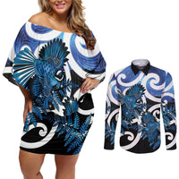 Piwakawaka New Zealand Matariki Couples Matching Off Shoulder Short Dress and Long Sleeve Button Shirt Maori New Year Silver Fern Blue Galaxy LT14 Blue - Polynesian Pride