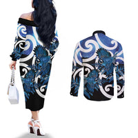 Piwakawaka New Zealand Matariki Couples Matching Off The Shoulder Long Sleeve Dress and Long Sleeve Button Shirt Maori New Year Silver Fern Blue Galaxy LT14 - Polynesian Pride
