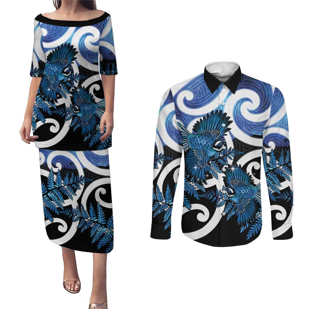 Piwakawaka New Zealand Matariki Couples Matching Puletasi and Long Sleeve Button Shirt Maori New Year Silver Fern Blue Galaxy LT14 Blue - Polynesian Pride