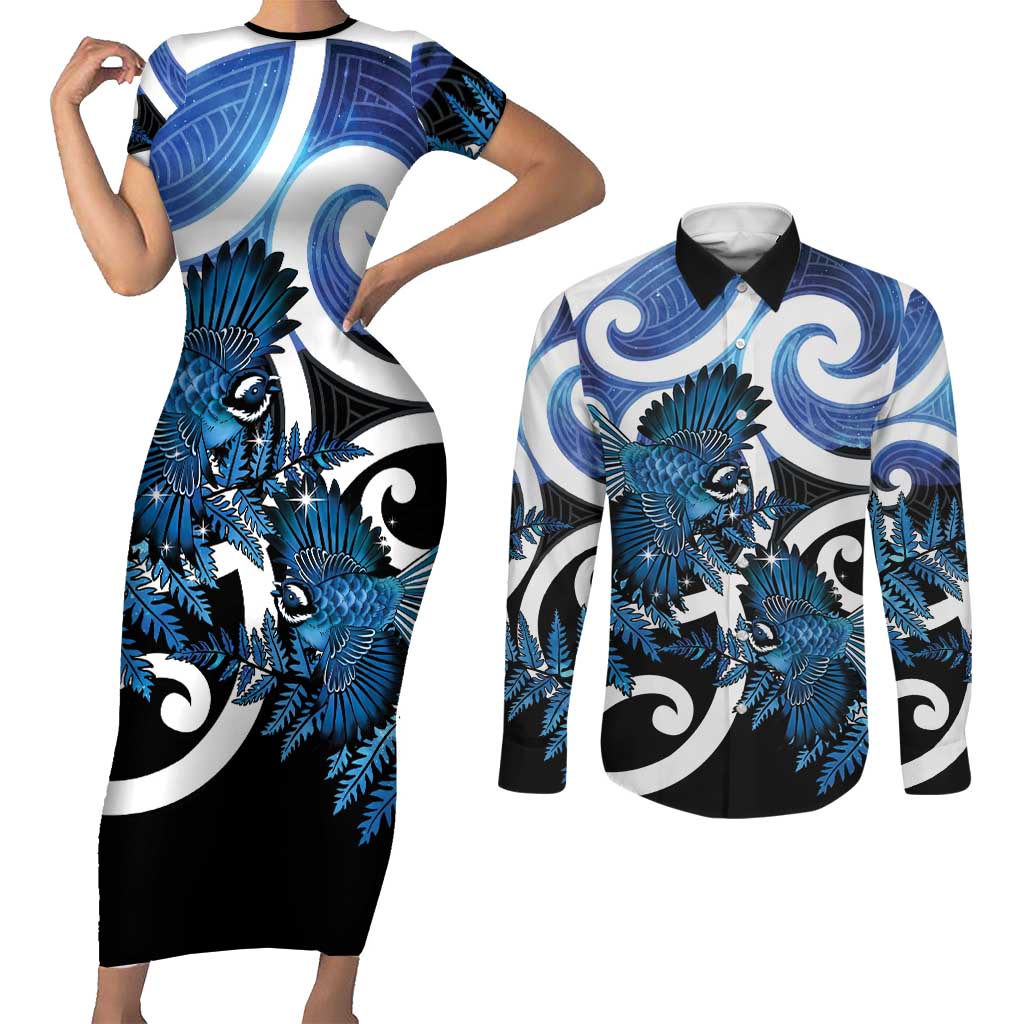 Piwakawaka New Zealand Matariki Couples Matching Short Sleeve Bodycon Dress and Long Sleeve Button Shirt Maori New Year Silver Fern Blue Galaxy