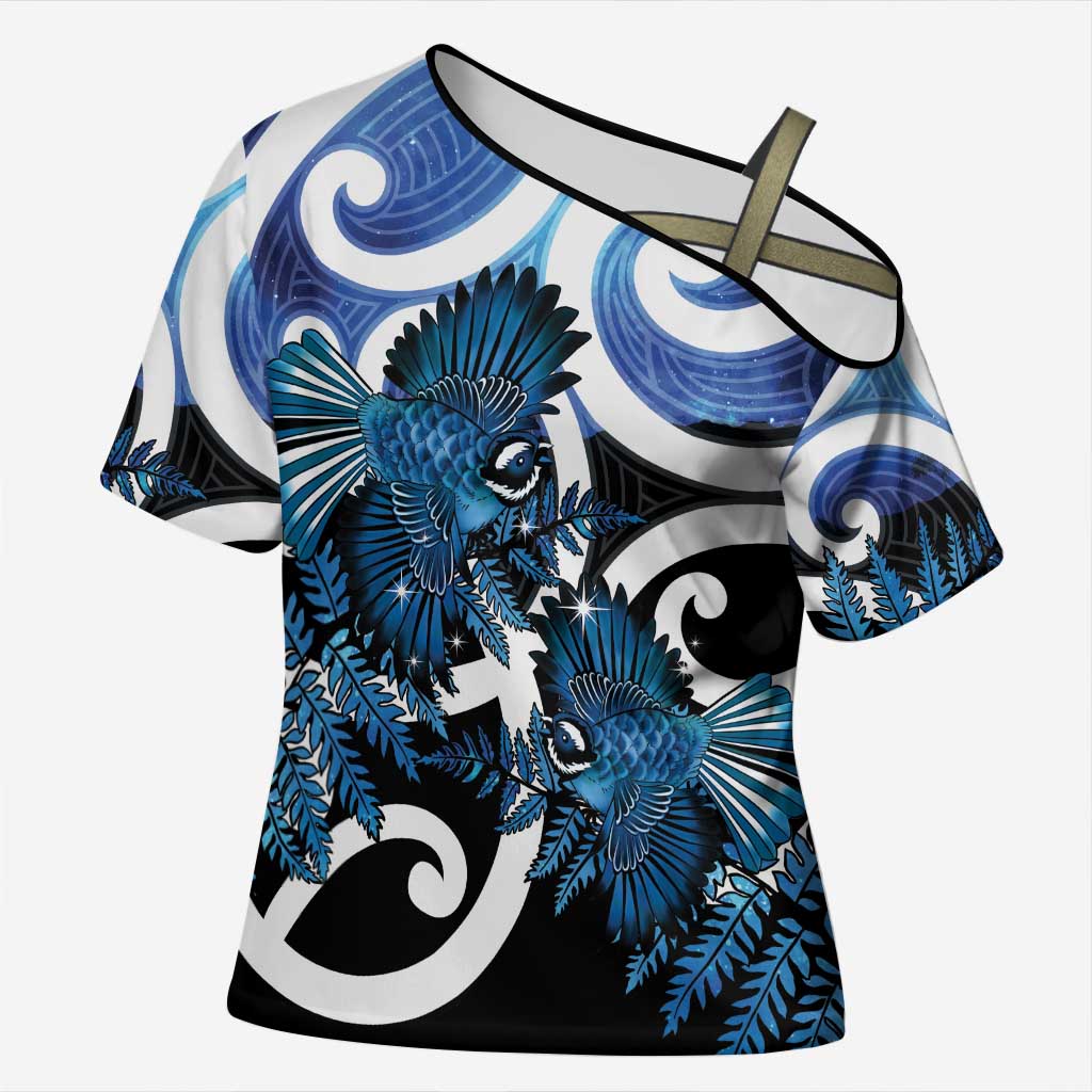 Piwakawaka New Zealand Matariki Cross Shoulder Shirt Maori New Year Silver Fern Blue Galaxy