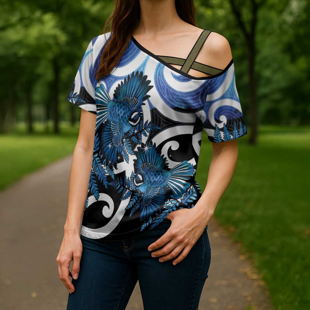 Piwakawaka New Zealand Matariki Cross Shoulder Shirt Maori New Year Silver Fern Blue Galaxy LT14 - Polynesian Pride