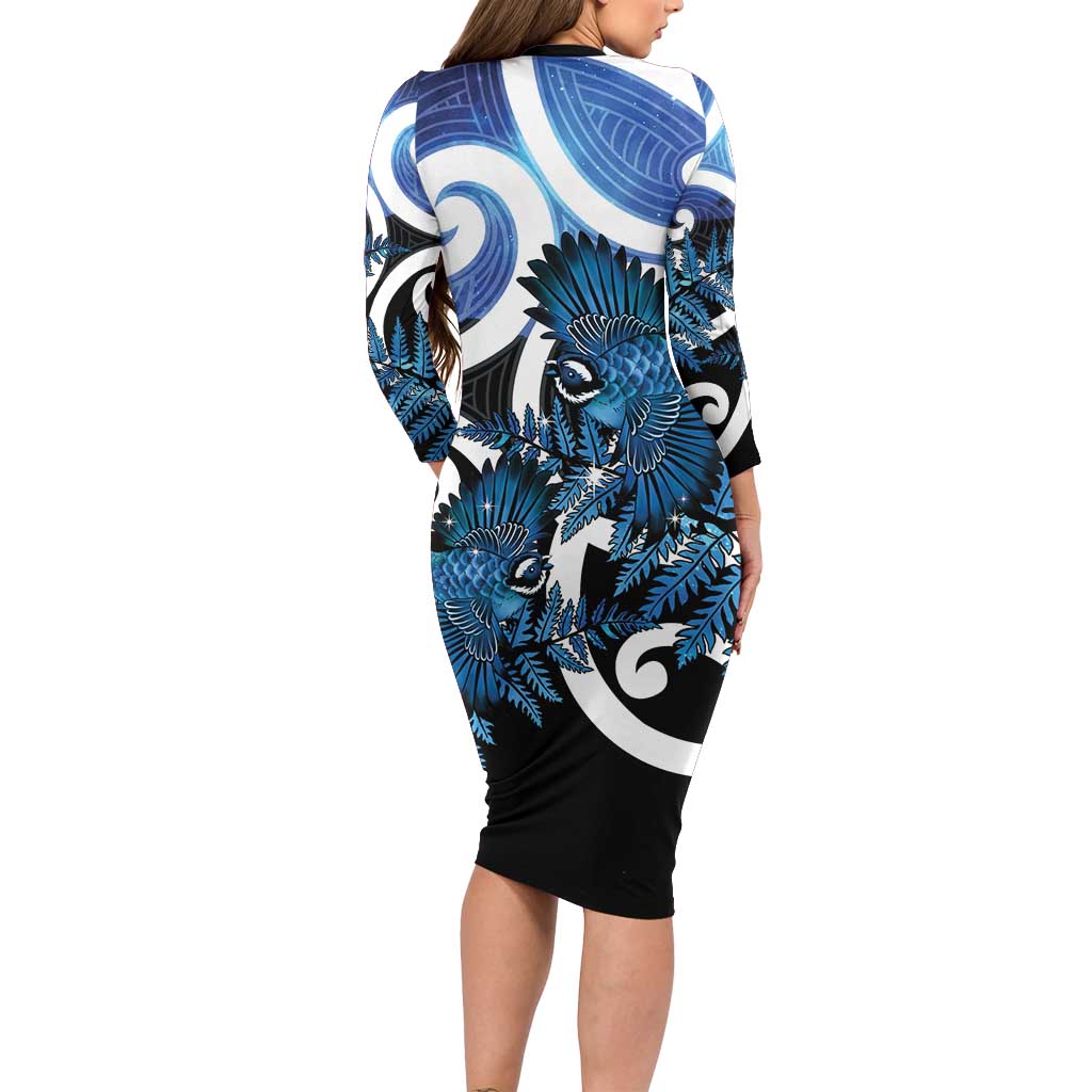 Piwakawaka New Zealand Matariki Family Matching Long Sleeve Bodycon Dress and Hawaiian Shirt Maori New Year Silver Fern Blue Galaxy LT14 - Polynesian Pride