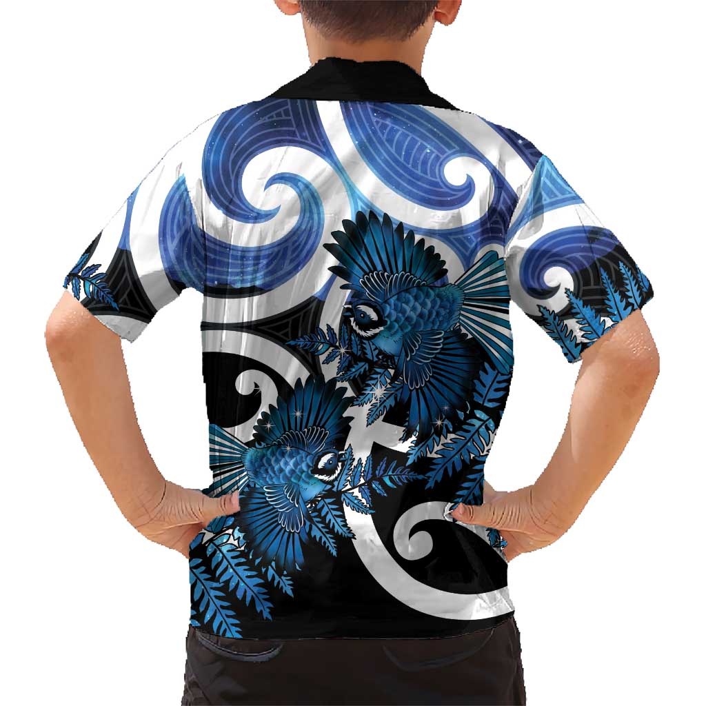 Piwakawaka New Zealand Matariki Family Matching Off Shoulder Maxi Dress and Hawaiian Shirt Maori New Year Silver Fern Blue Galaxy LT14 - Polynesian Pride