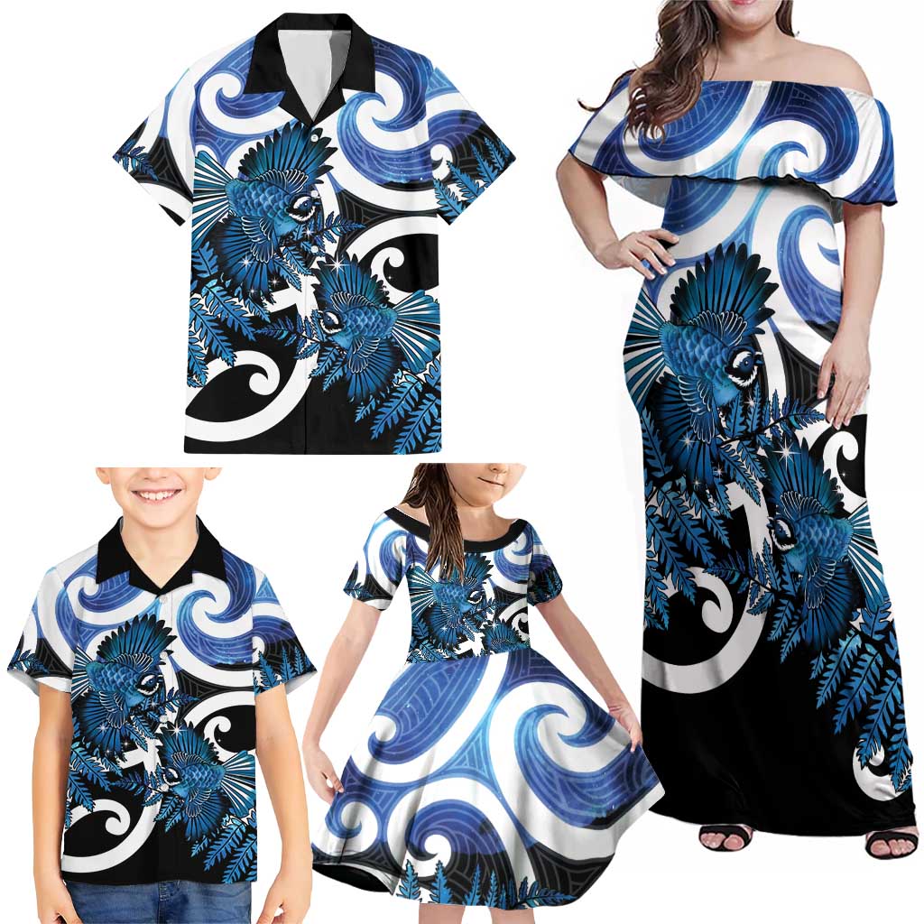 Piwakawaka New Zealand Matariki Family Matching Off Shoulder Maxi Dress and Hawaiian Shirt Maori New Year Silver Fern Blue Galaxy LT14 - Polynesian Pride