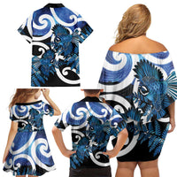 Piwakawaka New Zealand Matariki Family Matching Off Shoulder Short Dress and Hawaiian Shirt Maori New Year Silver Fern Blue Galaxy LT14 - Polynesian Pride