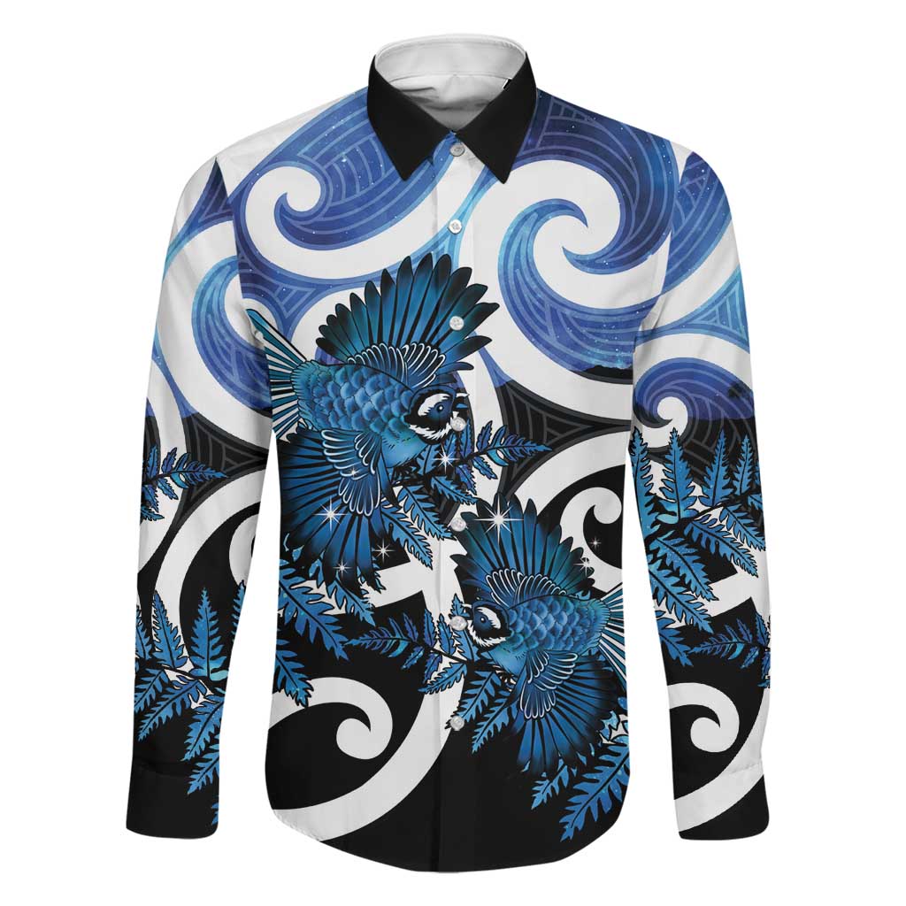Piwakawaka New Zealand Matariki Family Matching Short Sleeve Bodycon Dress and Hawaiian Shirt Maori New Year Silver Fern Blue Galaxy LT14 Dad's Shirt - Long Sleeve Blue - Polynesian Pride