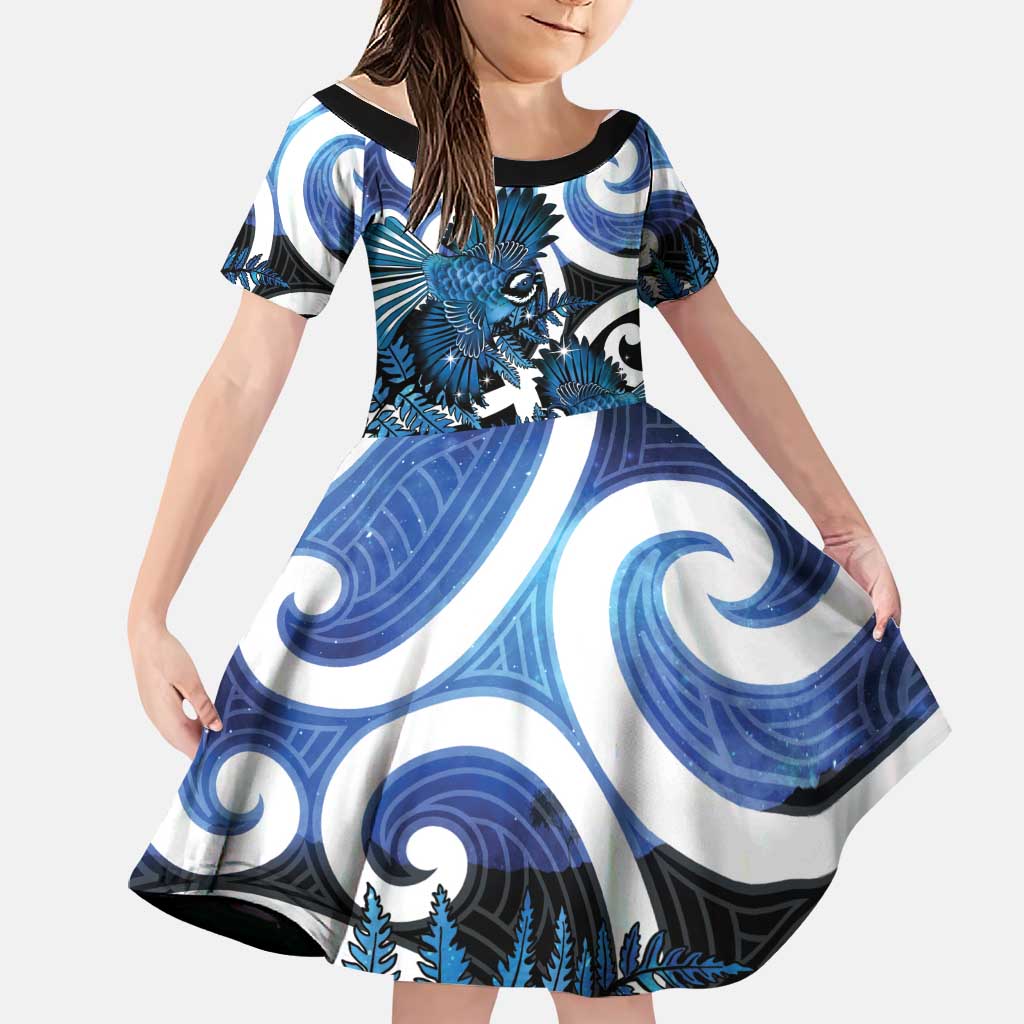Piwakawaka New Zealand Matariki Family Matching Tank Maxi Dress and Hawaiian Shirt Maori New Year Silver Fern Blue Galaxy LT14 Daughter's Dress Blue - Polynesian Pride