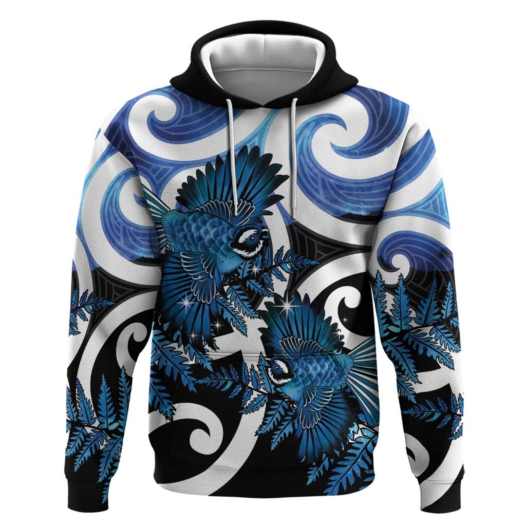 Piwakawaka New Zealand Matariki Hoodie Maori New Year Silver Fern Blue Galaxy LT14 Pullover Hoodie Blue - Polynesian Pride