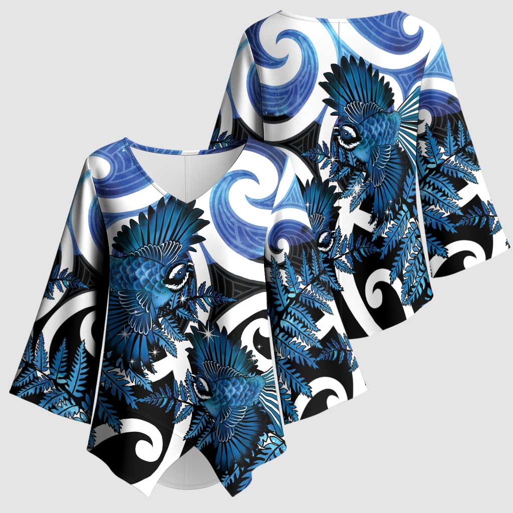 Piwakawaka New Zealand Matariki Kimono Sleeve Blouse Maori New Year Silver Fern Blue Galaxy LT14 - Polynesian Pride