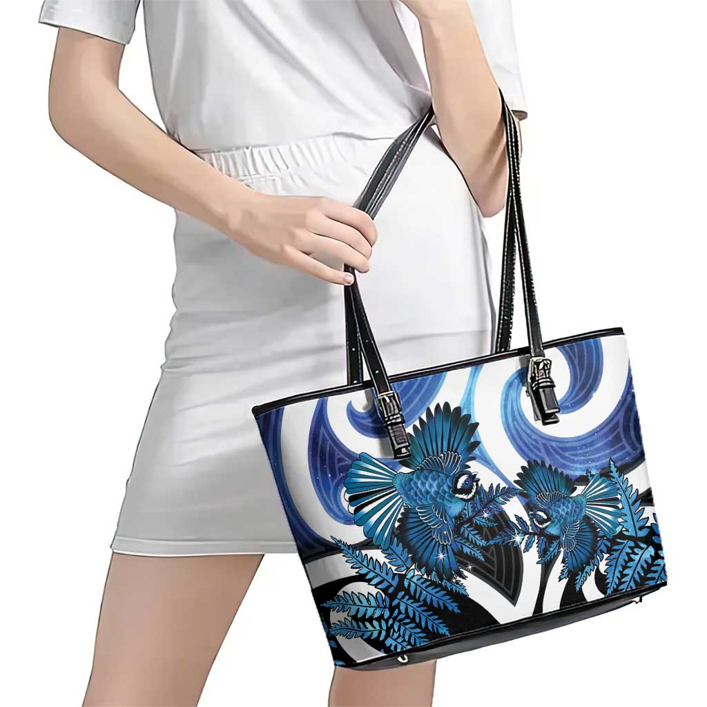 Piwakawaka New Zealand Matariki Leather Tote Bag Maori New Year Silver Fern Blue Galaxy LT14 - Polynesian Pride