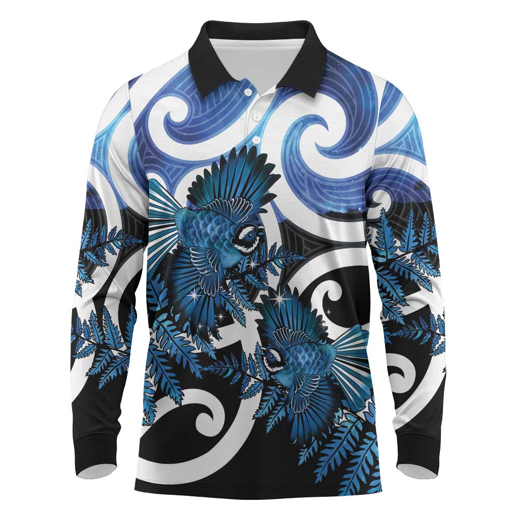 Piwakawaka New Zealand Matariki Long Sleeve Polo Shirt Maori New Year Silver Fern Blue Galaxy LT14 Blue - Polynesian Pride