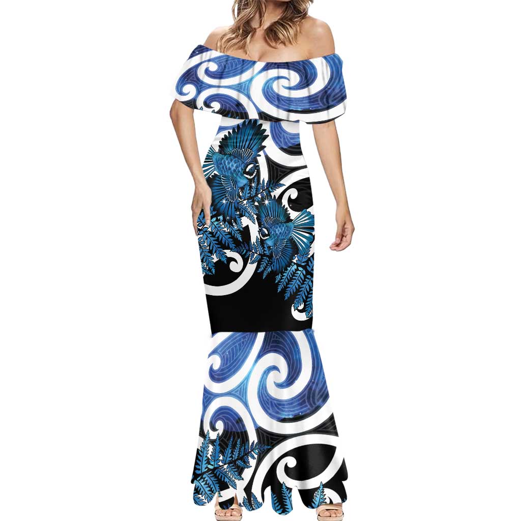Piwakawaka New Zealand Matariki Mermaid Dress Maori New Year Silver Fern Blue Galaxy LT14 - Polynesian Pride