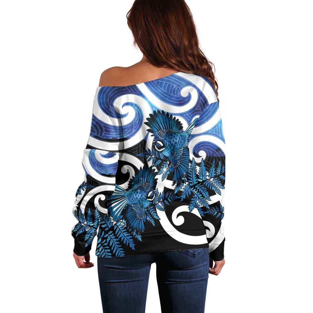 Piwakawaka New Zealand Matariki Off Shoulder Sweater Maori New Year Silver Fern Blue Galaxy LT14 - Polynesian Pride