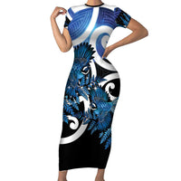 Piwakawaka New Zealand Matariki Short Sleeve Bodycon Dress Maori New Year Silver Fern Blue Galaxy LT14 Long Dress Blue - Polynesian Pride