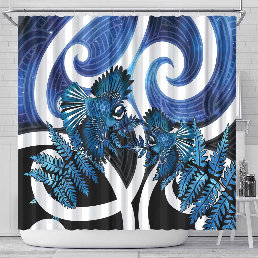 Piwakawaka New Zealand Matariki Shower Curtain Maori New Year Silver Fern Blue Galaxy LT14 - Polynesian Pride