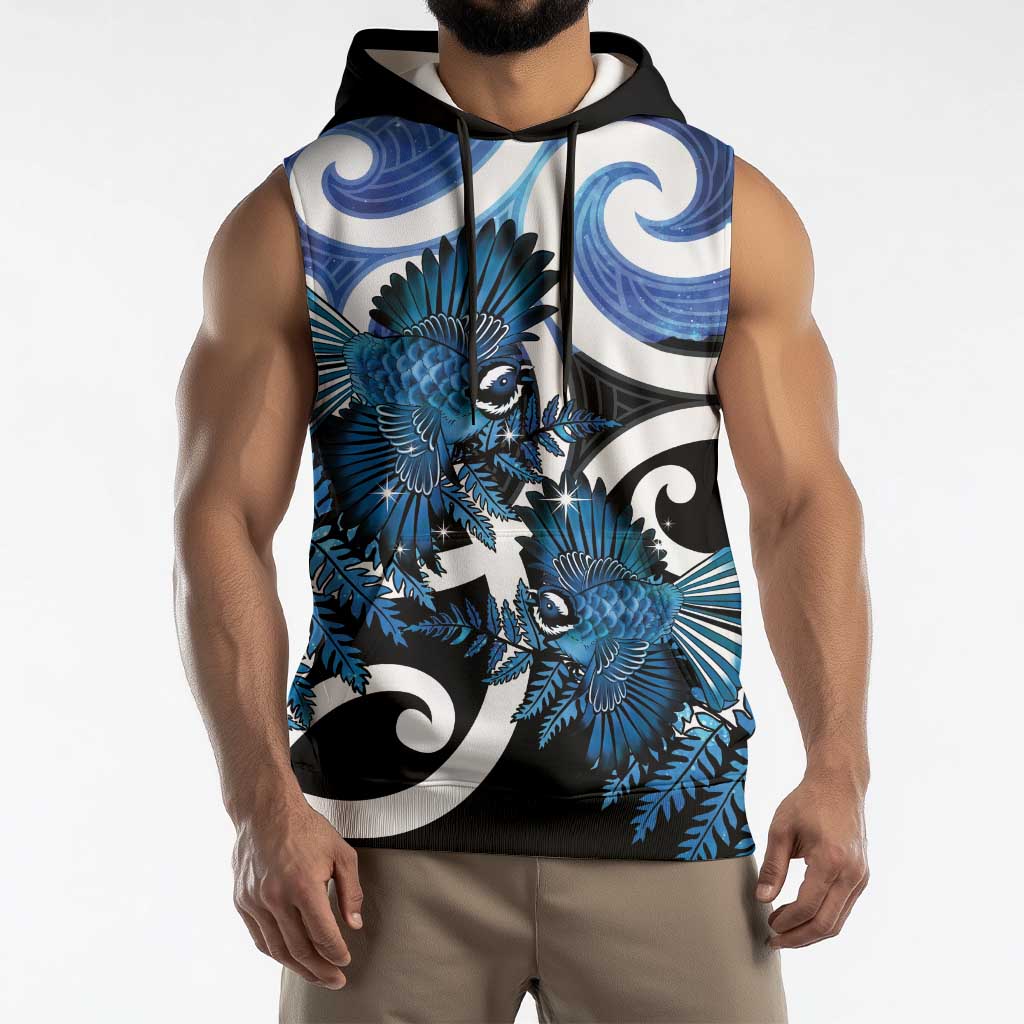 Piwakawaka New Zealand Matariki Sleeveless Hoodie Maori New Year Silver Fern Blue Galaxy LT14 - Polynesian Pride