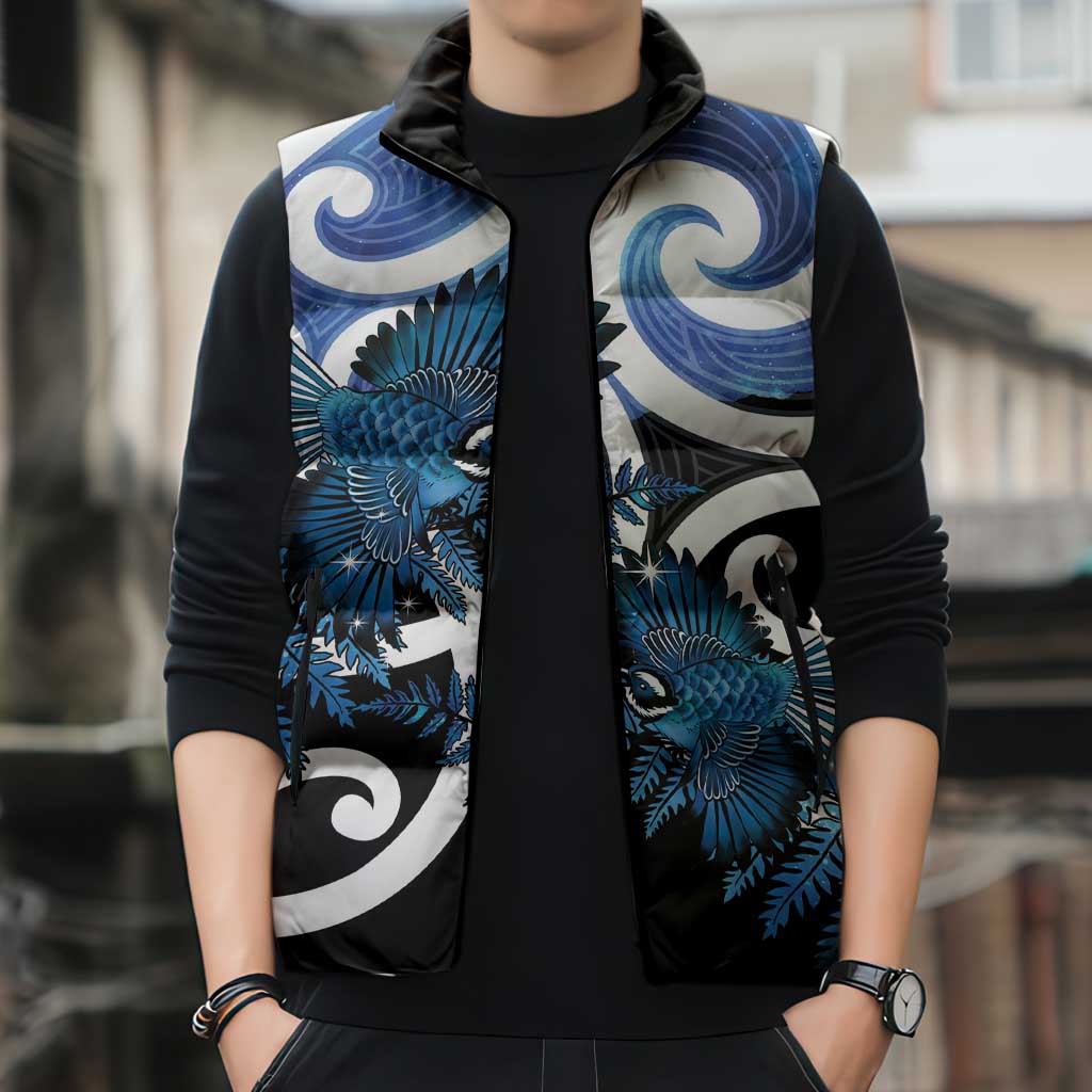 Piwakawaka New Zealand Matariki Sleeveless Puffer Jacket Maori New Year Silver Fern Blue Galaxy LT14 - Polynesian Pride