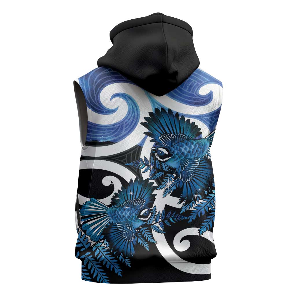 Piwakawaka New Zealand Matariki Sleeveless Zip Hoodie Maori New Year Silver Fern Blue Galaxy LT14 - Polynesian Pride