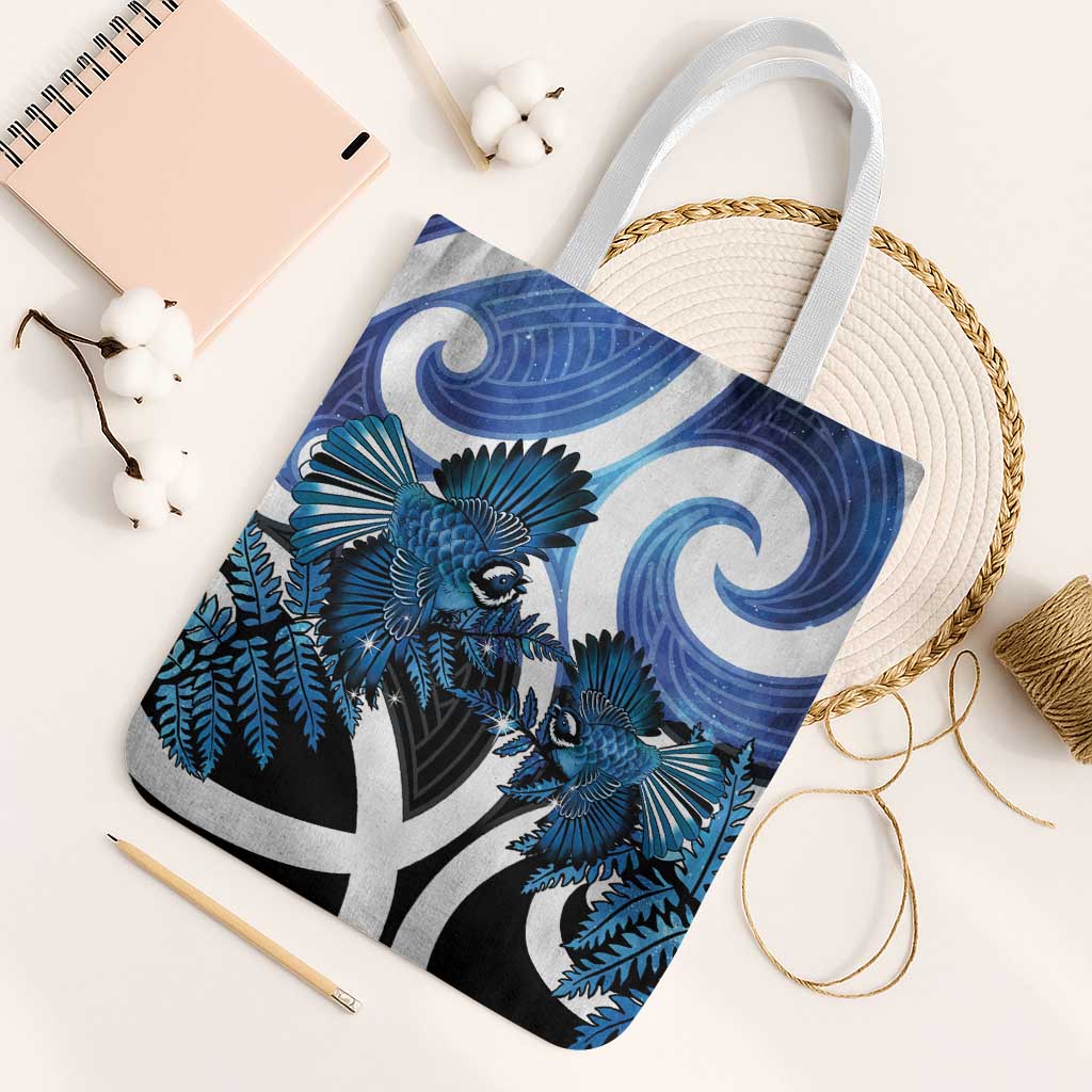 Piwakawaka New Zealand Matariki Tote Bag Maori New Year Silver Fern Blue Galaxy LT14 White Strap One Size Blue - Polynesian Pride