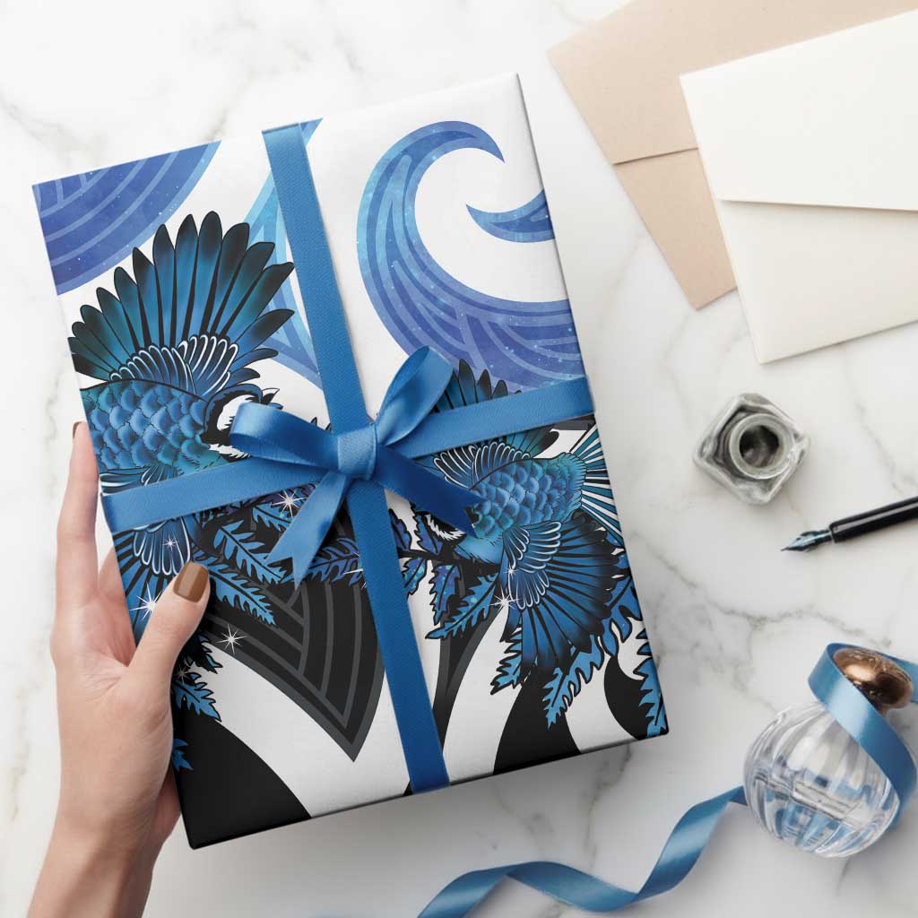 Piwakawaka New Zealand Matariki Wrapping Paper Maori New Year Silver Fern Blue Galaxy LT14 - Polynesian Pride