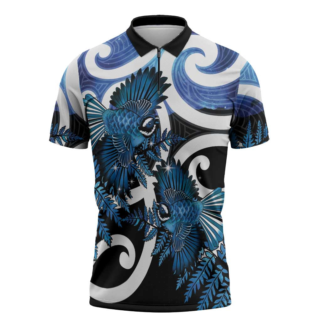 Piwakawaka New Zealand Matariki Zipper Polo Shirt Maori New Year Silver Fern Blue Galaxy LT14 Blue - Polynesian Pride