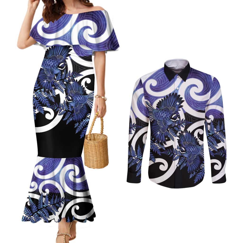 Piwakawaka New Zealand Matariki Couples Matching Mermaid Dress and Long Sleeve Button Shirt Maori New Year Silver Fern Purple Galaxy LT14 Purple - Polynesian Pride