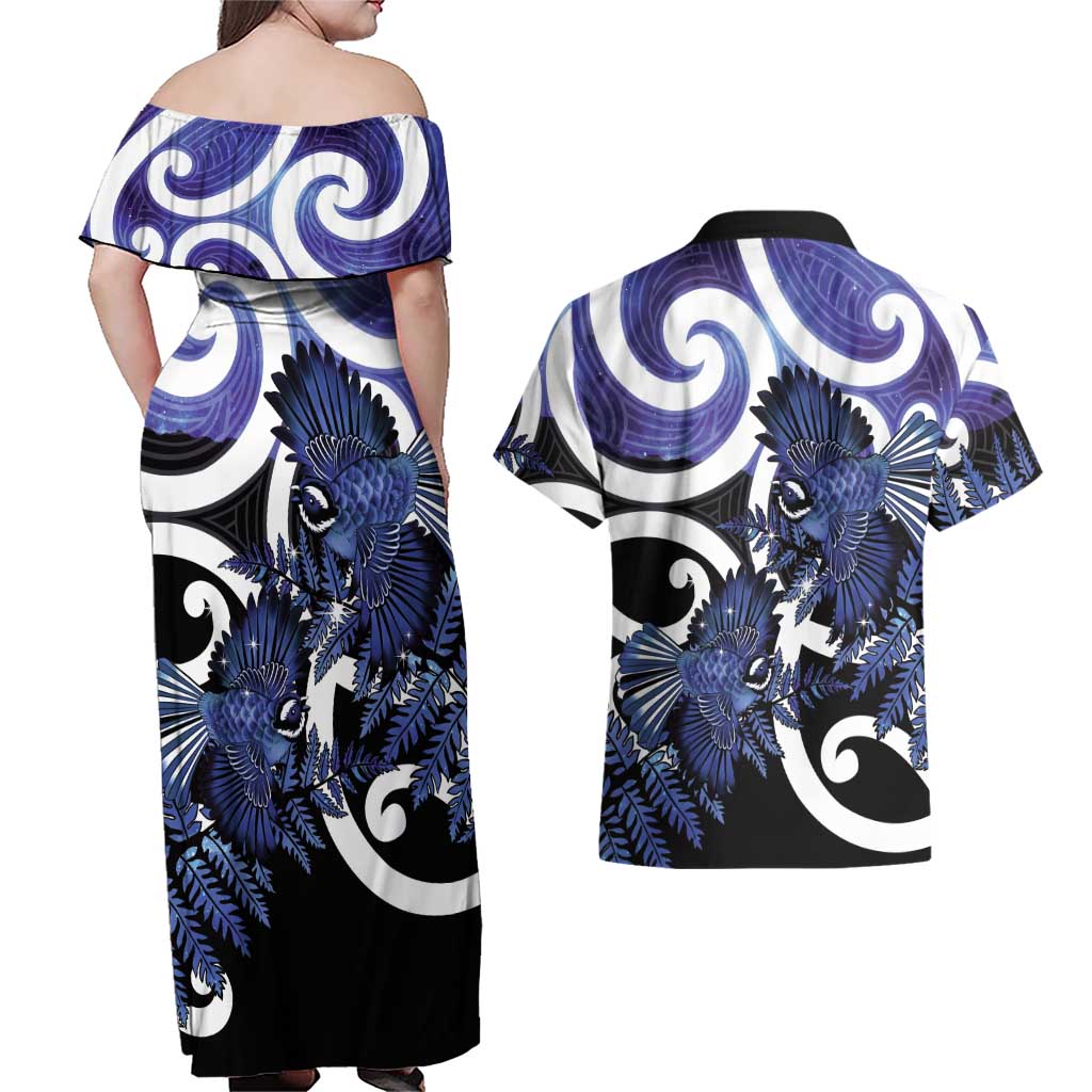 Piwakawaka New Zealand Matariki Couples Matching Off Shoulder Maxi Dress and Hawaiian Shirt Maori New Year Silver Fern Purple Galaxy LT14 - Polynesian Pride