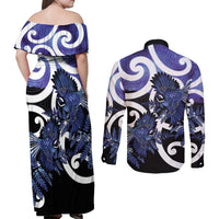 Piwakawaka New Zealand Matariki Couples Matching Off Shoulder Maxi Dress and Long Sleeve Button Shirt Maori New Year Silver Fern Purple Galaxy LT14 - Polynesian Pride